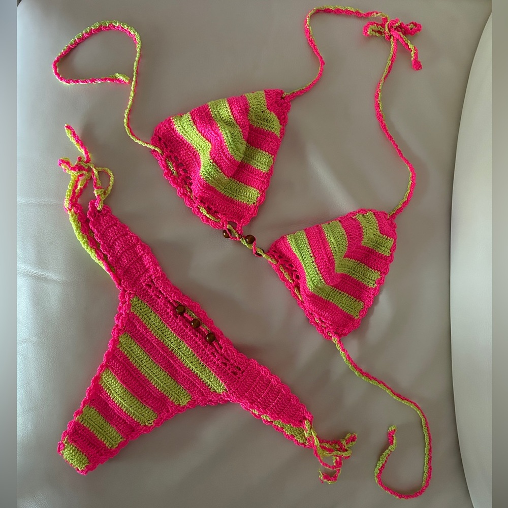 Patricia Field Pink and Green Striped Bikini